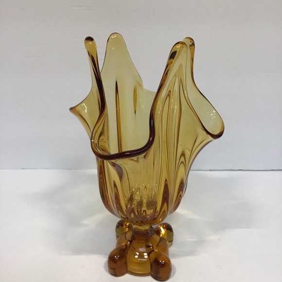 Vintage MCM 8” Viking Glass Amber Swung Stretch 4 Finger Footed Pedestal… - Picture 1 of 12